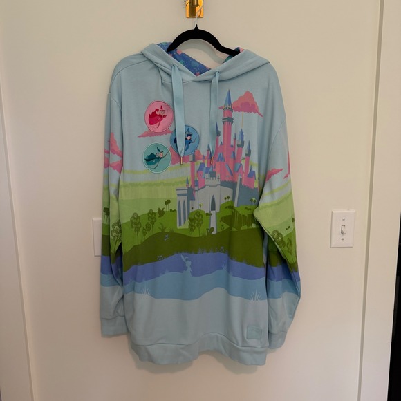 Loungefly Tops - Disney Loungefly Sleeping Beauty Castle Good Fairies Hoodie Blue‎ XL